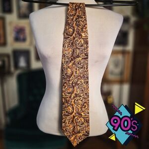 Structure Silk Tie Vintage 90s Brown Gold Floral Scroll Paisley Made in USA NOS